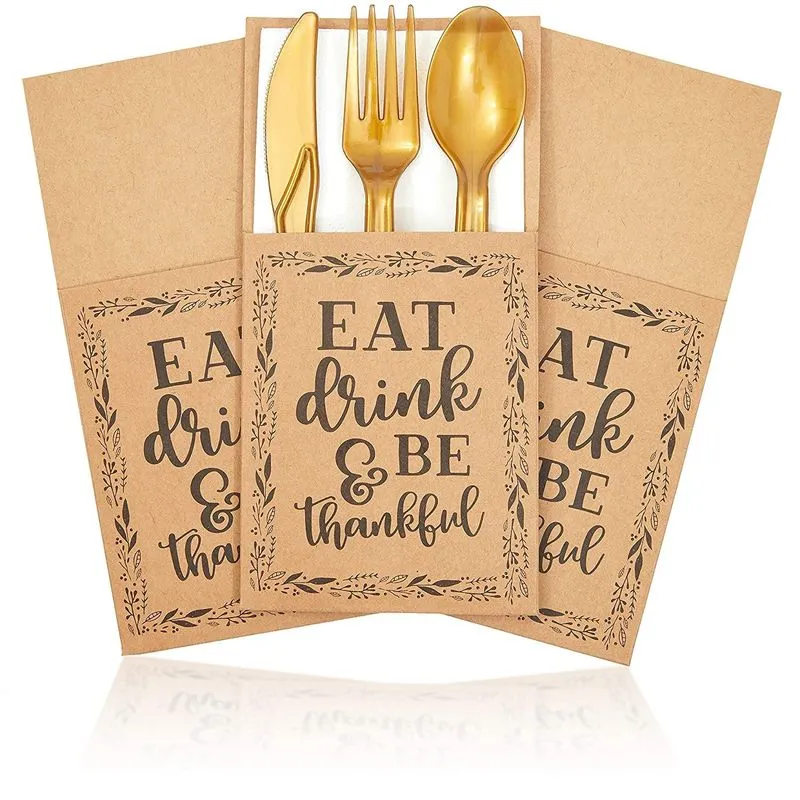 Thanksgiving Dinner Party Utensil Holder Pockets, Eat Drink & Be Thankful (36 Pack)