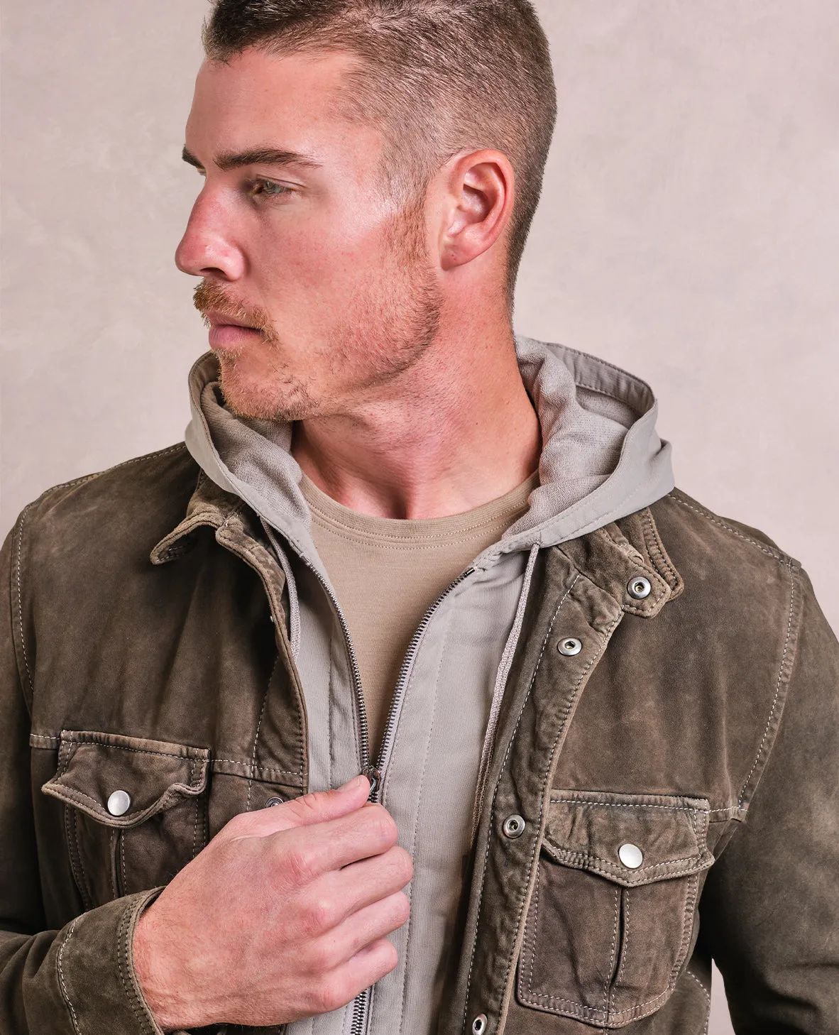 The Gimos - Suede Trucker Jacket w/Removable Hoodie - Teak