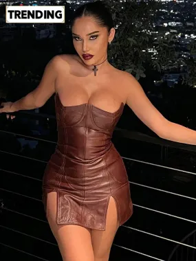 Trendy Backless Brown Faux Leather Mini Party Dress