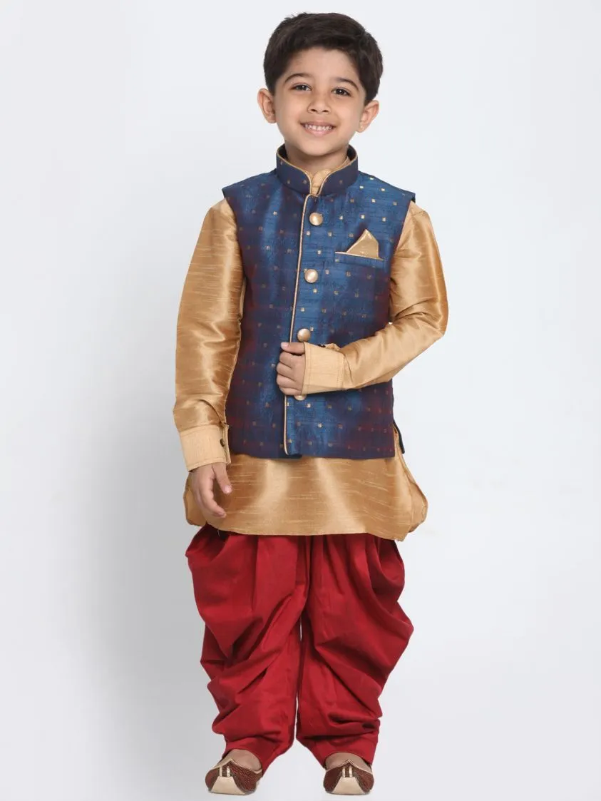 Vastramay Boy's Deep Blue Cotton Silk Blend Ethnic Jacket, Rose Gold Kurta and Maroon Dhoti Pant Set