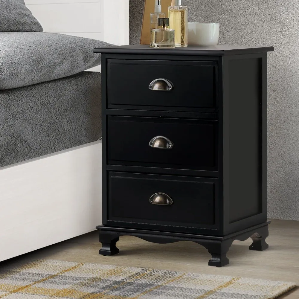 Vintage Bedside Table 3 Drawers Black