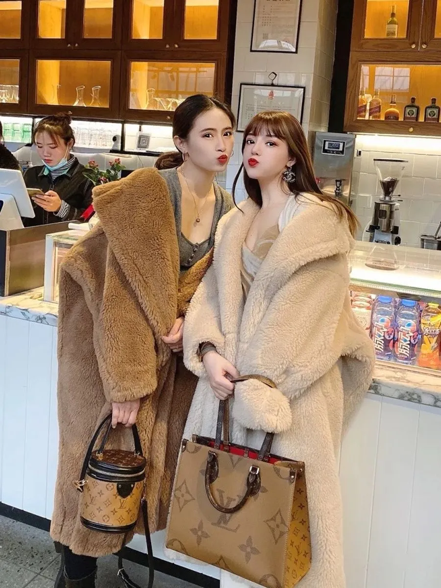 Wjczt cold weather outfitsTeddy Bear Coat Winter Alpaca Mid-Length Lamb Wool Coat for Women