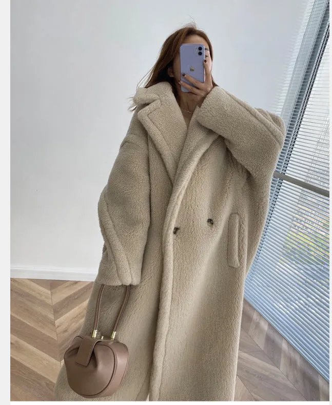 Wjczt cold weather outfitsTeddy Bear Coat Winter Alpaca Mid-Length Lamb Wool Coat for Women