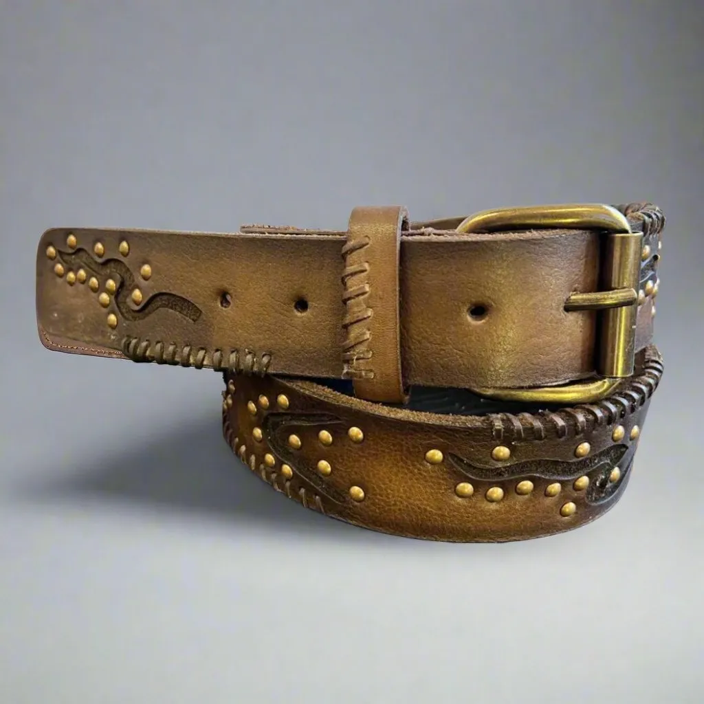 Women's Full Grain Leather Belt with Geometric Embossing & Studs