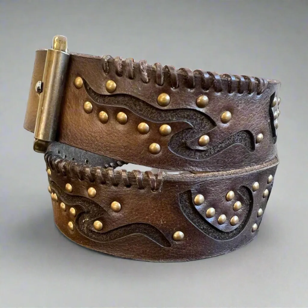 Women's Full Grain Leather Belt with Geometric Embossing & Studs