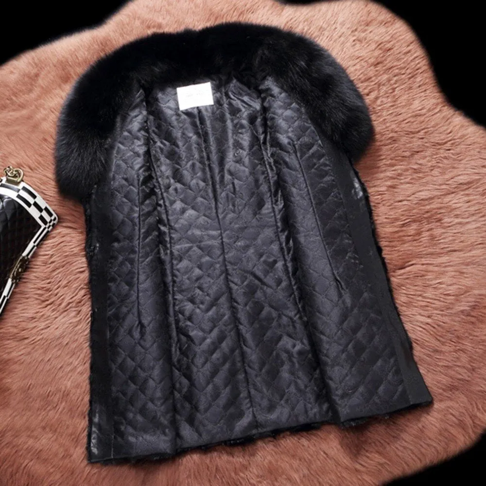 Women's Genuine Mink Fur Coat  Hoodie with Real Fox Fur Collar Fur Jacket 16156