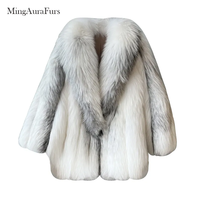 Women's Real Fox Fur Coat with Fur Collar - Artic Marble Frost Fox - G0016