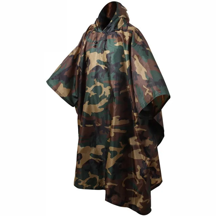 Woodland Camouflage - GI Enhanced Military Style Poncho - Polyester Ripstop