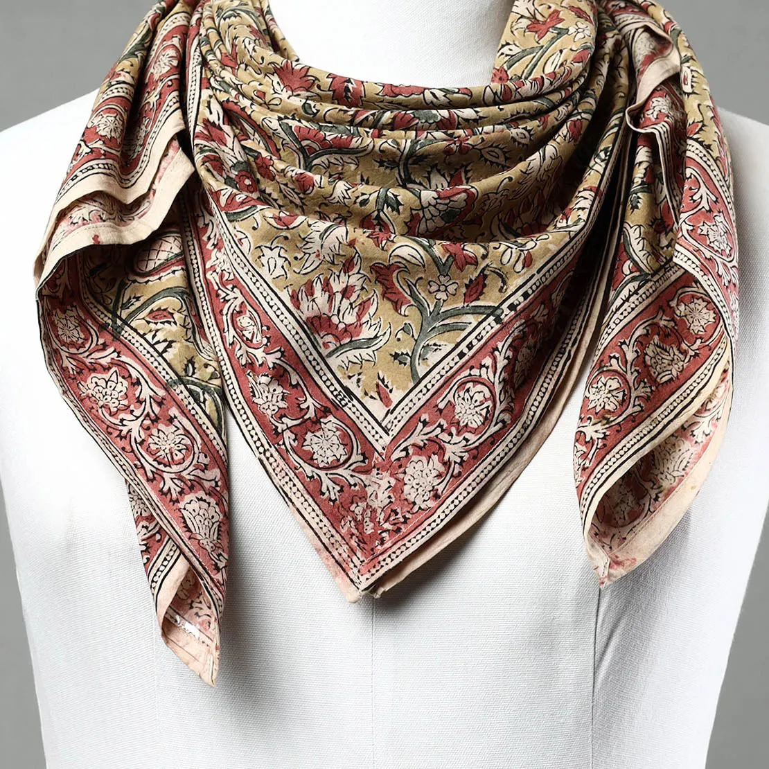 Yellow - Pedana Kalamkari Block Printed Natural Dyed Cotton Scarf 27